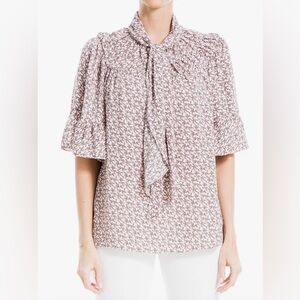 Max Studio Print Tie Neck, Elbow Ruffle Sleeves Blouse. Size XS